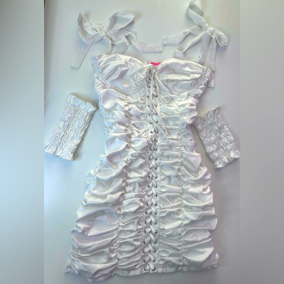 SUGAR THRILLZ DOLLS KILL WHITE BRIGHT BUDS RUCHED MINI DRESS GLOVES SET SMALL - Picture 5 of 6